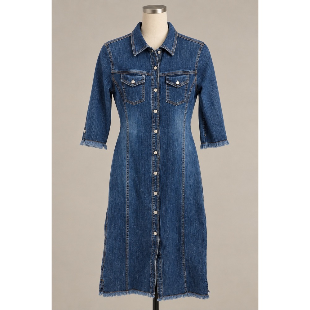 Fairweather Denim Snap Front Midi Dress Frayed Hem Blue Size 7